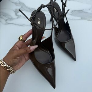 Zara Patent Pumps Dark Olive Green 41